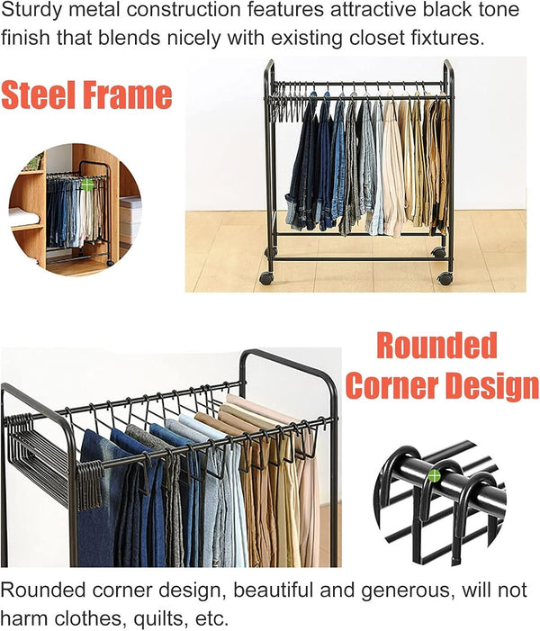 Pants Organizer Rack Trolley with 24 Double Hangers Rolling Trouser Metal Rack