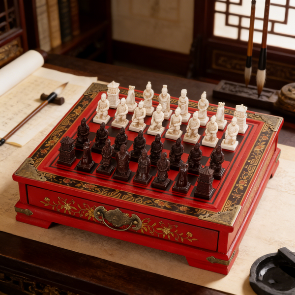 Antique Chinese Terra-Cotta Warriors Chess Set Wooden Chess Board Pieces Gifts