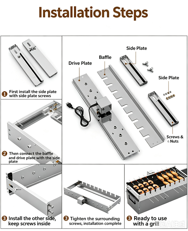 Electric Skewer Kabob Auto Rotating Rotisserie Grill Rack Adjustable Outdoor BBQ