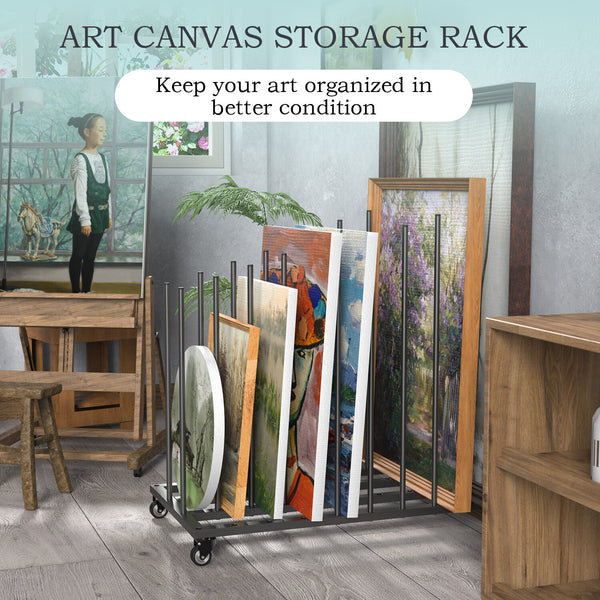 Art Drying Rack Metal Canvas Rack Art Storage with Handle & Caster Wheels Black