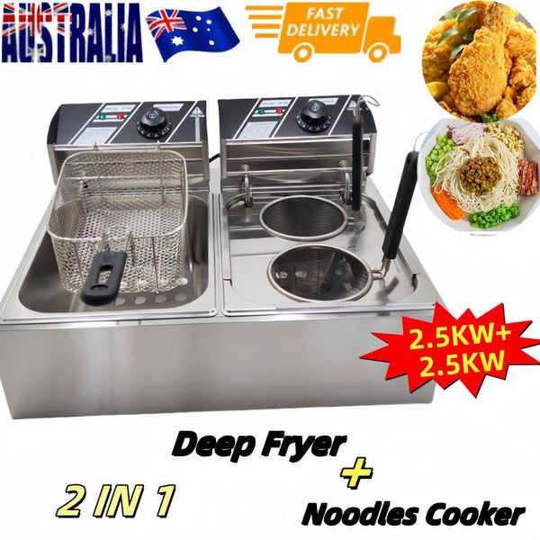 Commercial Electric Deep Fryer Benchtop Pasta Cooker w/ 2 Noodles Filters 6L+6L