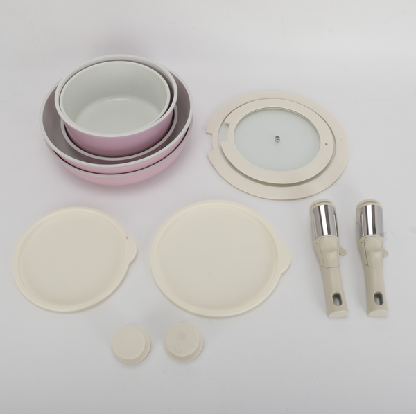 11Pcs Pink pots and Pans Set Removable Handle Nonstick Cookware Set Space Saving
