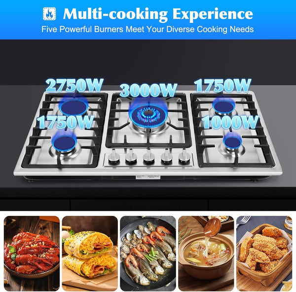 5 Burner Gas Cooktop Stove Konbs Kitchen Cooker Stainless Steel NG/LPG 86cm AU