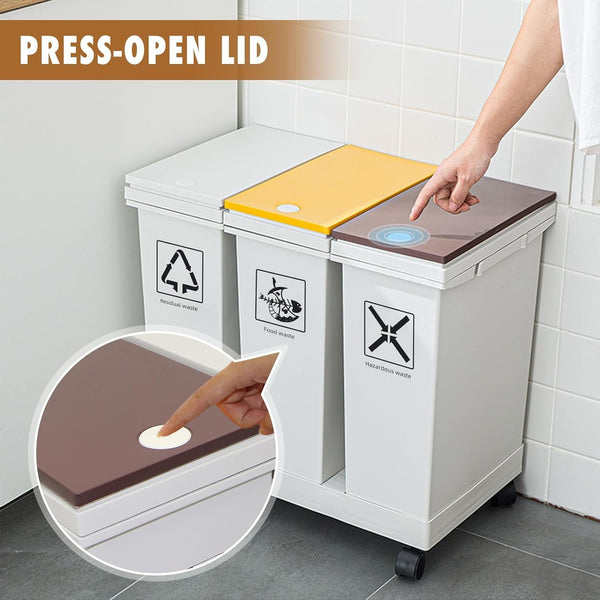 60L Removable Rubbish Bin 3 Compartment Trash Can Waste Rubbish Recycling