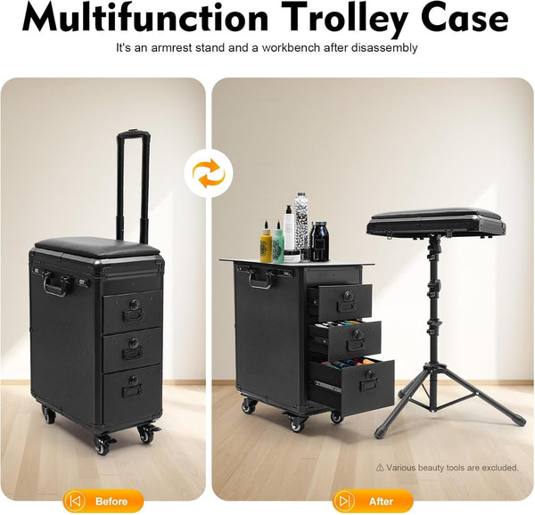 Tattoo Travel Case 5 In 1 Rolling Makeup Workstation with Armrest Stand 3 Drawer