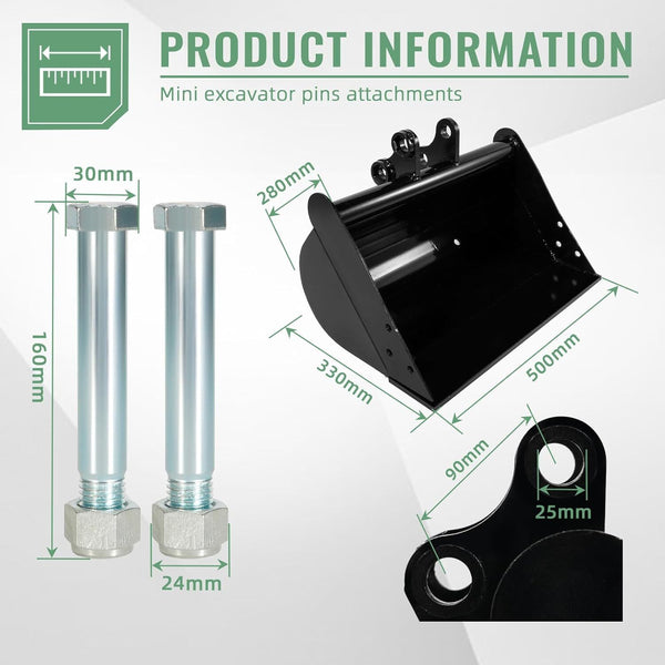500mm Flat Plain Bucket Attachment No Tooth Bucket W/ 2 Pins For Mini Excavator
