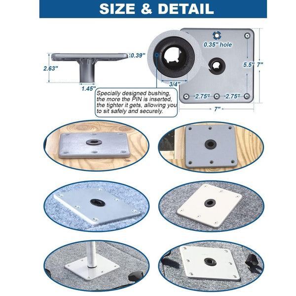 Boat Seat Base 7"x7"Aluminum Boat Seat Pedestal & Base with 3/4" Pin Post Socket