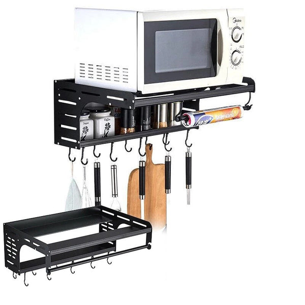 Microwave Oven Shelf Rack Wall Mount Oven Bracket Kitchen Organiser with Hooks