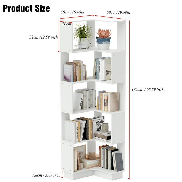5 Tier Corner Bookshelf Open Display Bookcase for Study Office Books Organiser