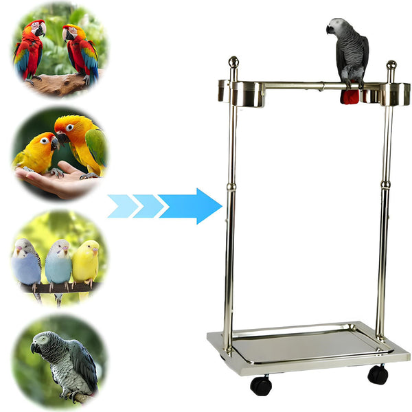 Adjustable Height Bird Perch Play Stand Parrot Playstand With Feeding Bowls