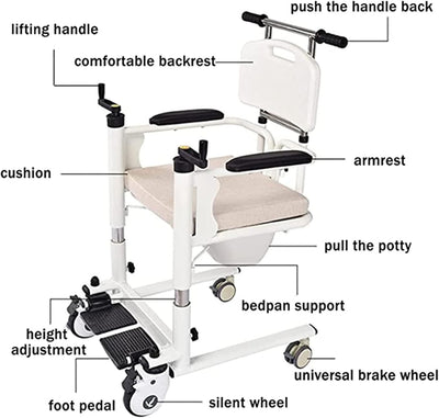 4in1 Elderly Transfer Chair Hand-cranked Height-Adjustable Patient Toilet Chair