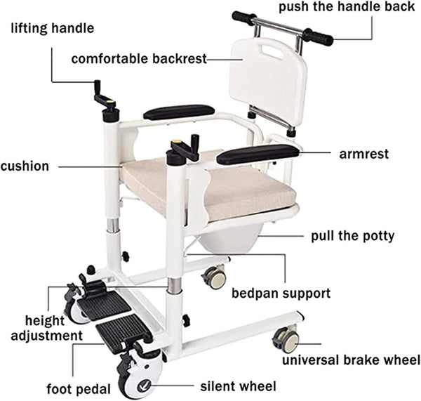 4in1 Elderly Transfer Chair Hand-cranked Height-Adjustable Patient Toilet Chair