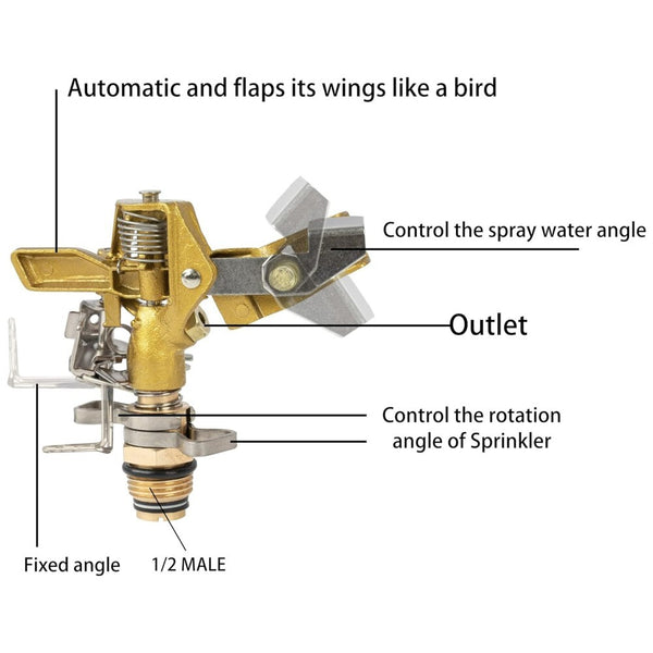 Heavy Duty Brass Impact Sprinkler Head with Nozzles 1/2" Lawn Garden Irrigation