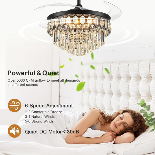 42" Crystal Ceiling Fan Lights with Remote 6 Wind Speed Crystal Chandelier Fan
