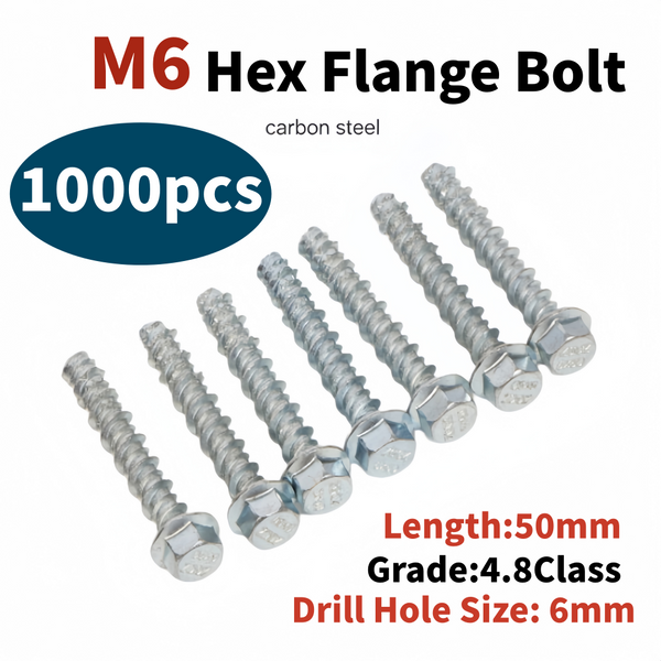 M6x50mm Flanged Hex Head Bolts 1000pcs Flange Hexagon Screws Carbon Steel