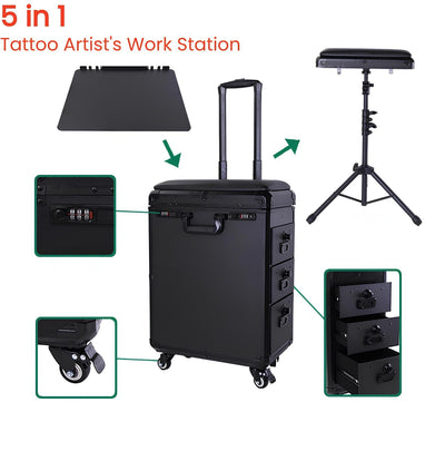 Tattoo Travel Case 5 In 1 Rolling Makeup Workstation with Armrest Stand 3 Drawer