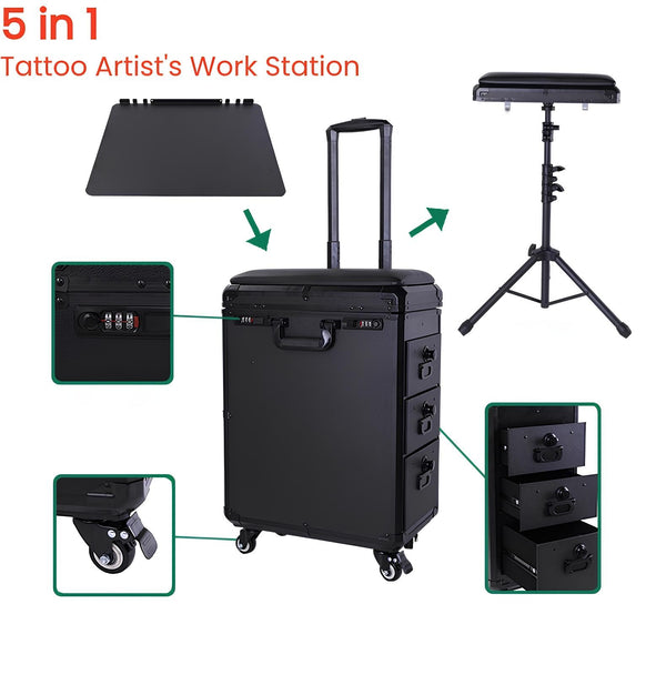 Tattoo Travel Case 5 In 1 Rolling Makeup Workstation with Armrest Stand 3 Drawer