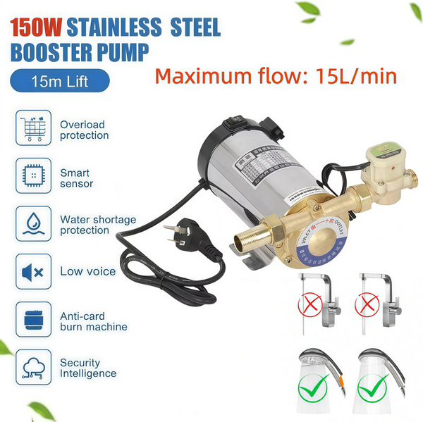 150W Automatic Boost Pump Tap Shower Stainless Steel Pressure Water Booster