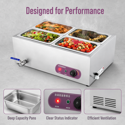 Commercial Food Warmer Bain Marie Electric 4 Buffet Pans 304 Stainless Steel