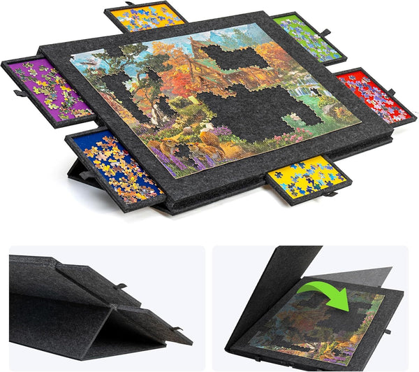 1500Pcs  Portable Felt Puzzle Table Board with 6 Colorful Drawers Adjustable AU