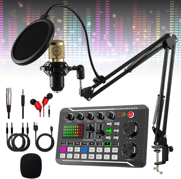 Podcast Studio Equipment Kit F998 Live Sound Card Audio Mixer w/ Mic 3m Earphone