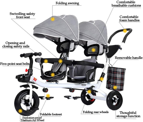 Twins Stroller Pram Tricycle Baby Double Seat Tandem Kids Toddler Ride-On Toy