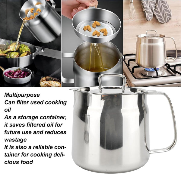 2L Stainless Steel Oil Filter Pot Deep Fryer Pot Oil Tank Kettle for Oil Storage