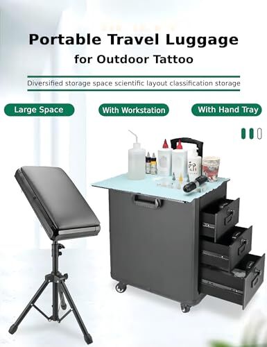 Tattoo Travel Case 5 In 1 Rolling Makeup Workstation with Armrest Stand 3 Drawer