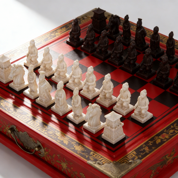 Antique Chinese Terra-Cotta Warriors Chess Set Wooden Chess Board Pieces Gifts