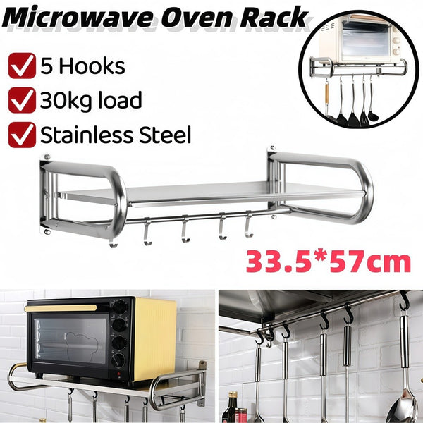 Wall Mounted Microwave Shelf Oven Deck with Hooks Stainless Steel Oven Organizer
