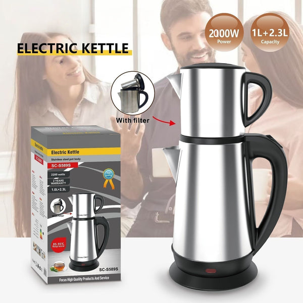 2000W Stainless Steel Electric Kettle With Filter Fast Boil Auto OFF 1L+2.3L