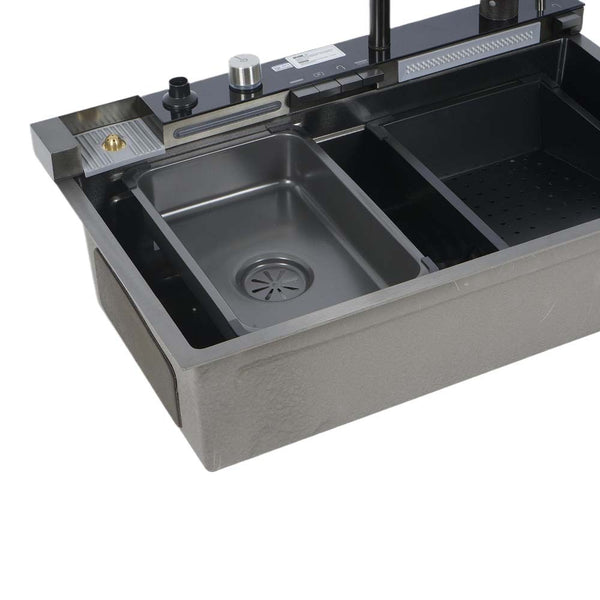 Kitchen Sink Single Bowl Basin Stainless Steel Bar w/Digital Faucet & Cup Washer