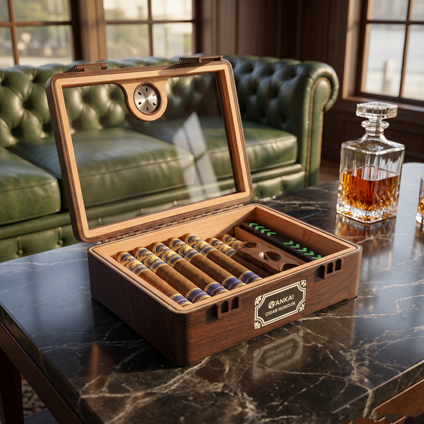 Cigar Humidor Glass Top Cigar Case with Cutter,Punch Tool,Humidifier &Hygrometer