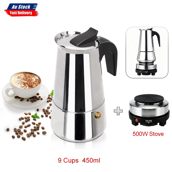 9Cups Stovetop Espresso Moka Pot Percolator Coffee Maker Stainless Steel w/Stove