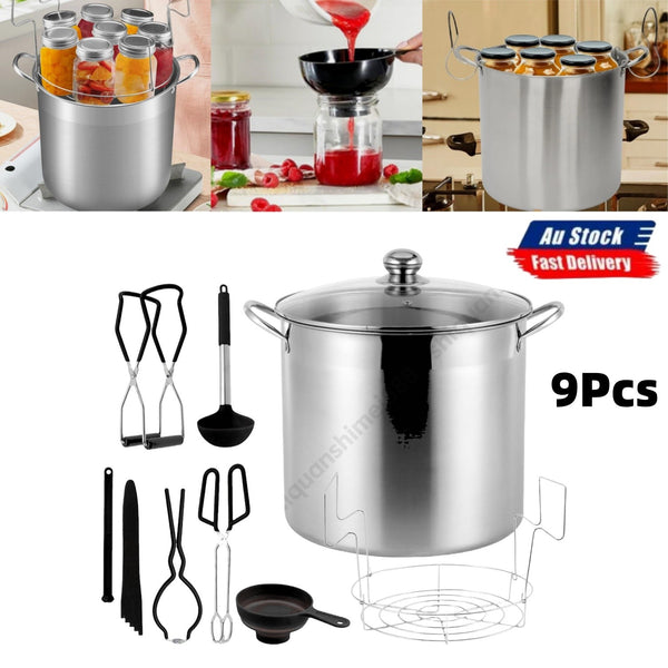 9Pcs Canning Pot Set Water Bath Canner Stainless Steel with Glass Lid 21.5 Quart