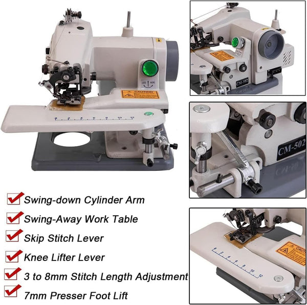 Blindstitch Sewing Machine 1200RPM Seamless Hemmer Adjustable Needle Pitch 3-8mm