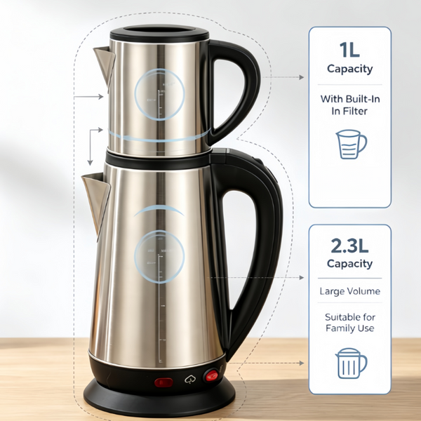 2000W Stainless Steel Electric Kettle With Filter Fast Boil Auto OFF 1L+2.3L
