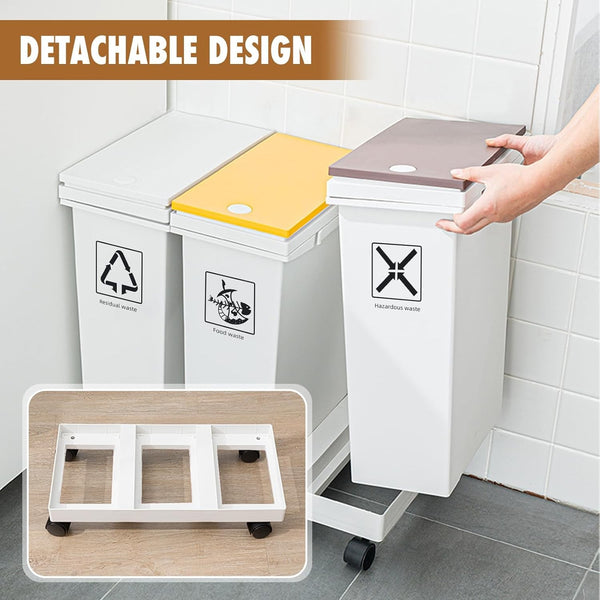 60L Removable Rubbish Bin 3 Compartment Trash Can Waste Rubbish Recycling