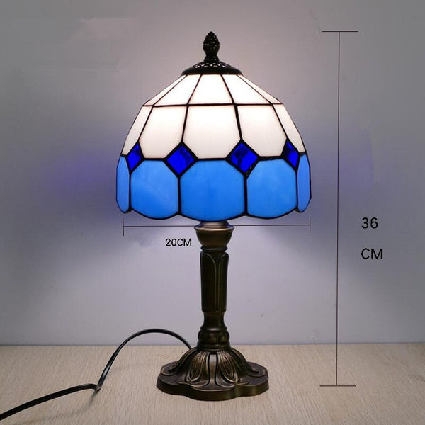 Vintage Tiffany Table Lamps 8" Stained Glass Table Lamp Blue White Lattice Style