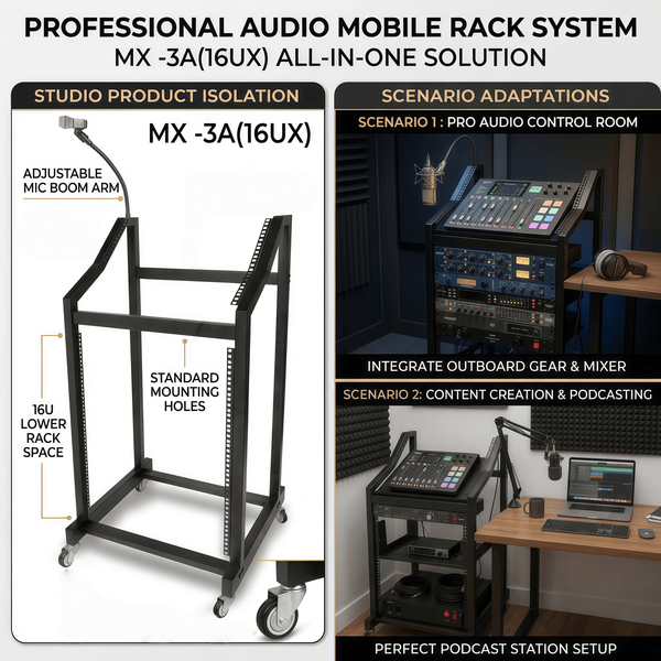 16U Audio Equipment Rack Rolling Network Rack AV Rack Stand with Wheels&Mic rack