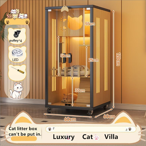 Luxury Cat Villa Wood Cat House Indoor Cat Cage Pet Exhibit Cabinet Clear Glass