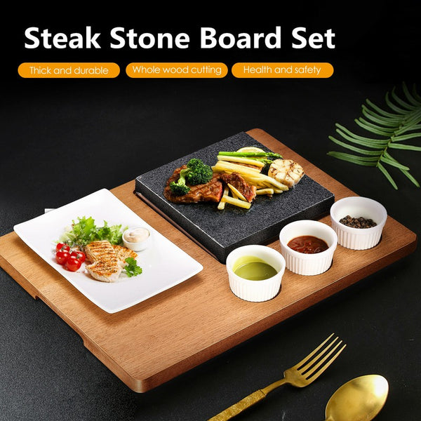 Black Rock Grill Steak Stone Set Hot Stone Cooking Steak Stone w/Ceramic Dishes