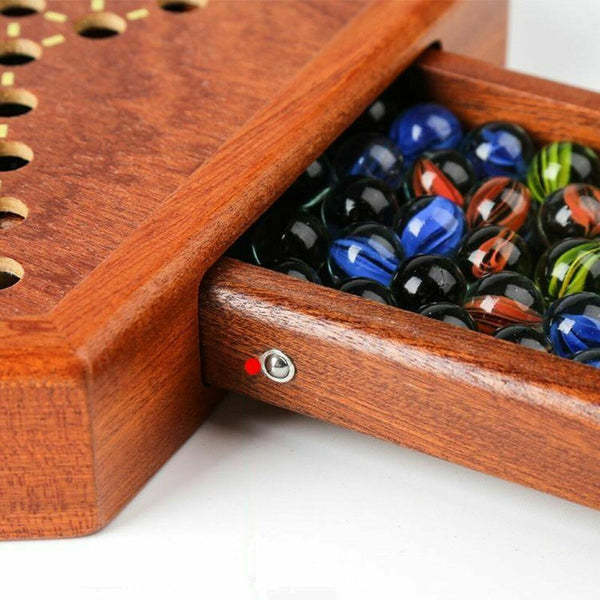 Wooden Chinese Table Board Game Checkers w/ Storage Drawers & Glass Marbles Gift