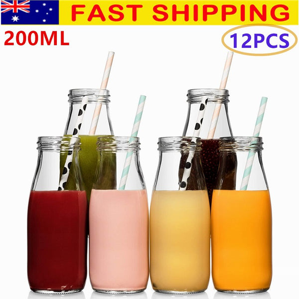 200ML Clear Glass Sauce Bottles 12pcs Milk Jar Reusable Bottle Water Jars W/ Lid