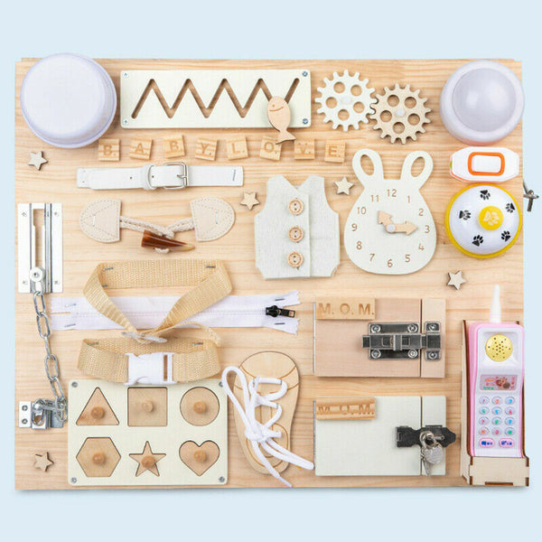 Montessori Unlock Toy Baby Double Sided Busy Board Wooden Sensory Toys Learning