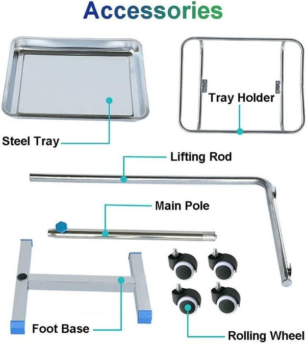 Salon Tray Adjustable Height Salon Rolling Tray for Tatto Medical Dental Tray
