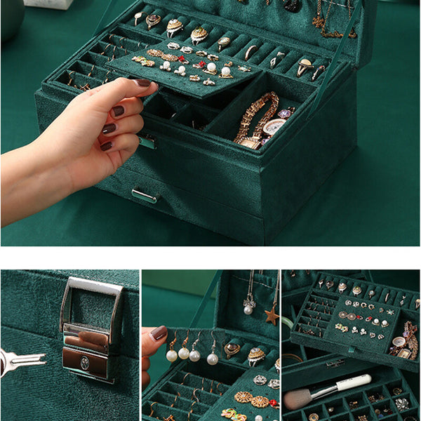 3-layers Jewelry Organizer Large Necklace Ring Display Cases Green Velvet Box