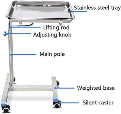 Mayo Tray Stainless Steel Salon Trolley Surgical Medical Instrument Rolling Cart