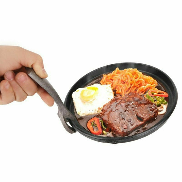 12" Cast Iron Steak Plate Sizzling Serving Platter Pan Sizzler Plate & Wood Base