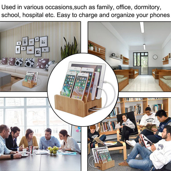Bamboo USB Charge Station Multi-Device Hub Charging Dock for Phone iPad Tablet